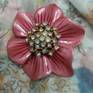 Vintage Pink Enamel  Flower Crystal Brooch